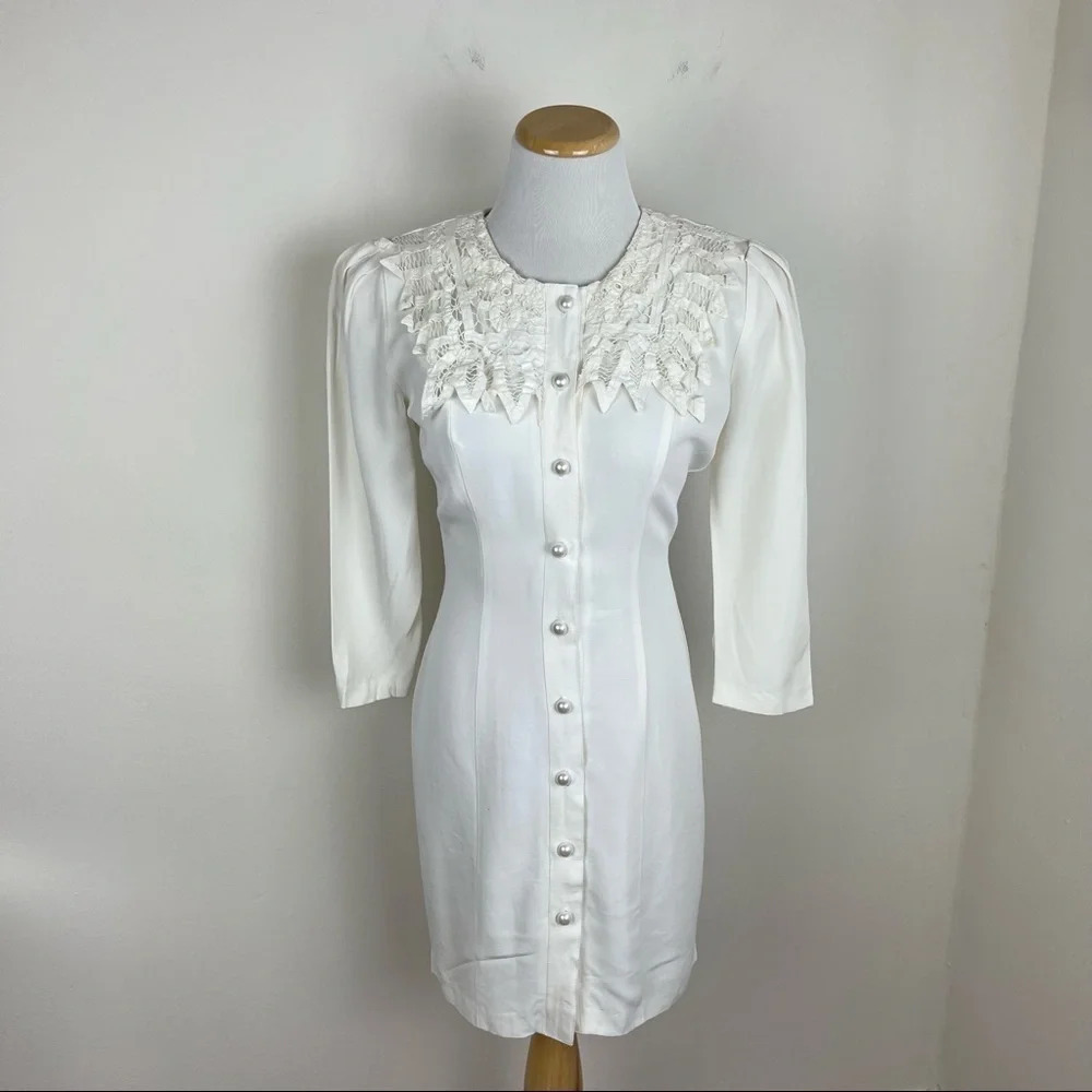 Vintage 70s Young Edwardian Lace Collar White Dress Size 3/4